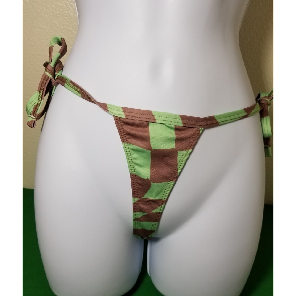 Asos Design Green Brown Checkered Bikini Bottom Swimwear Sz L Cheeky Beach NWOT